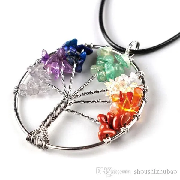 Vintage Women`s Girl Natural Crystal Quartz Gemstone 7 Chakra Healing Tree of Life Pendant Necklace Jewelry Gift Hot