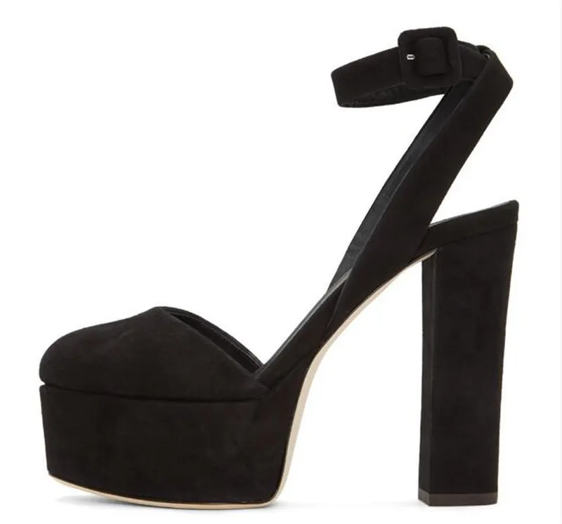 Stil Frauen modische schwarze Wildleder Leder Plattform Chunky Heel Pumps Knöchelgurt Super dicke High Heels Kleidschuhe s s