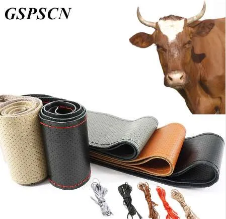 GSPSCN DIY純正レザーカーステアリングホイールカバーソフトアンチスリップ100％牛革編組針スレッド36 38 40 cmサイズ