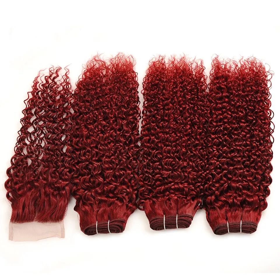 Kinky Curly Virgin Peruvian Burgundy Red Bundles de cheveux humains avec fermeture à lacet 4x4 Curly # 99J Vin Rouge Tissage de cheveux Doublw Trames avec fermeture