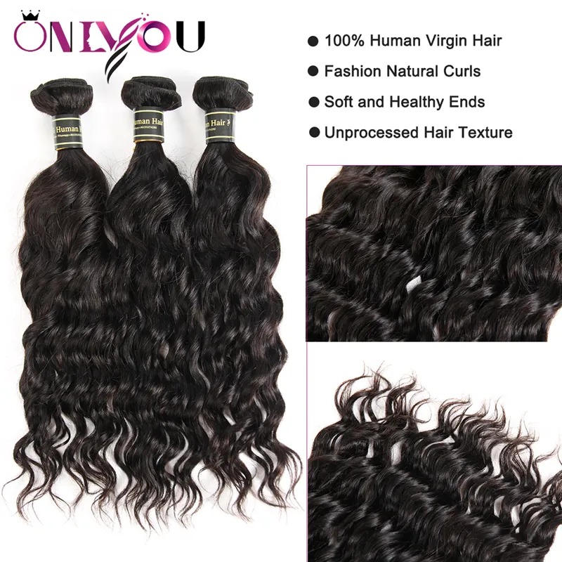 Bundles de cheveux humains de vague d'eau de fermeture de tissage de cheveux vierges indiens crus avec fermeture Couleur noire Wet and Wavy Natural Wave Extensions de cheveux