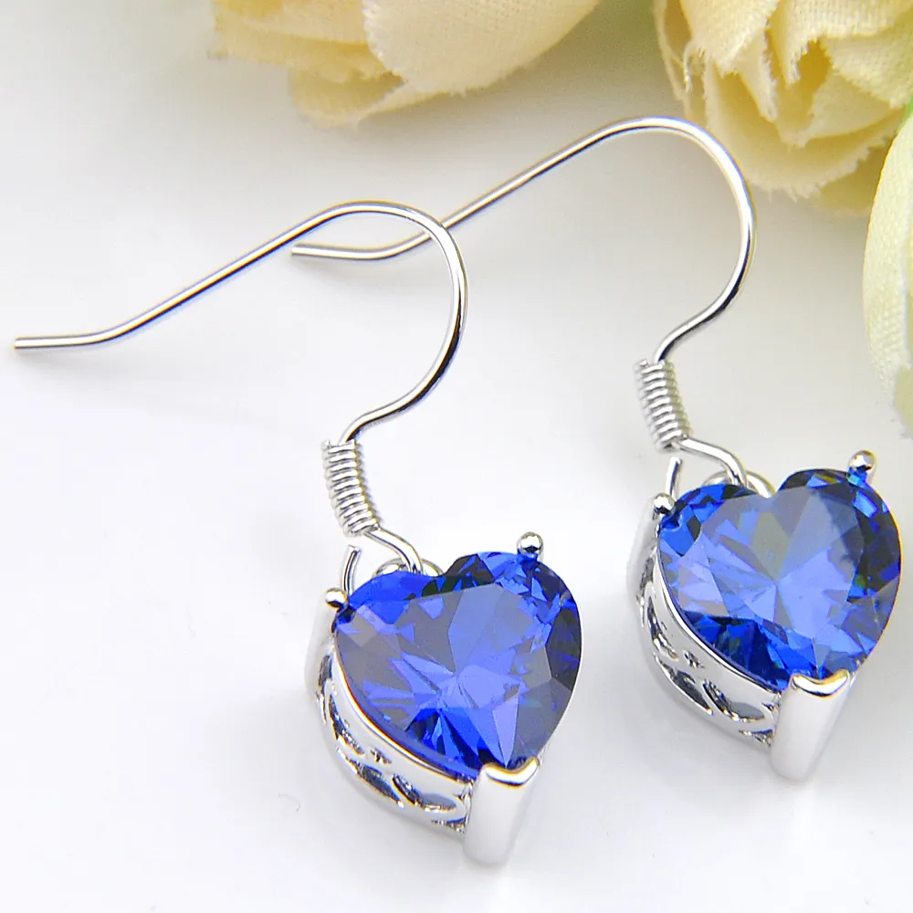 10 Prs Luckyshine Clásico Deslumbrante Corazón de Fuego Místico Topacio Azul Suizo Circonita Cúbica Pendientes Colgantes de Plata Fiesta de Bodas de Vacaciones