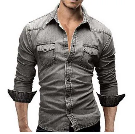 Homens Camisa Marca 2018 Macho Manga Longa Camisas Casuais Cor Sólida Denim Slim Fit Vestido Camisas Mens 3XL 3011