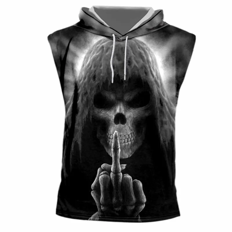 2018 Tanques de Verão dos homens Cool Print Death Skull 3D Regata Com Capuz Homem Hiphop Sem Mangas Com Capuz Camisola Tamanho Grande 7XL2740