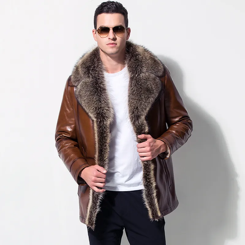 Vêtements d'extérieur en fourrure de cuir pour hommes Vêtements de style européen en peau de mouton Hiver Col en fourrure pour hommes Doublure en polaire Veste en faux cuir Manteau chaud