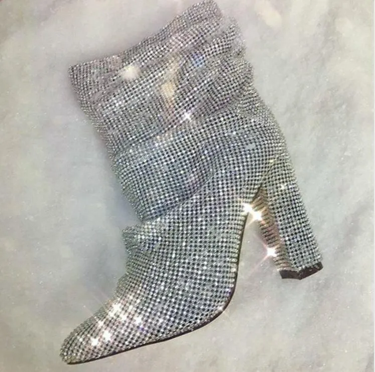 2019 höst vinter bling full borrade kristall stövlar pekade tå fotled stövlar glida på rhinestone riddare botas för weeding party