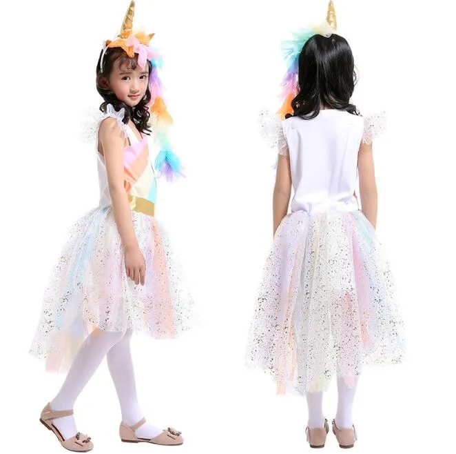 Abbigliamento cosplay bambini Neonate Unicorno Arcobaleno vestito bambini in pizzo Tutu abito da principessa Abiti con 1 fascia unicorno + 1 ali d'oro