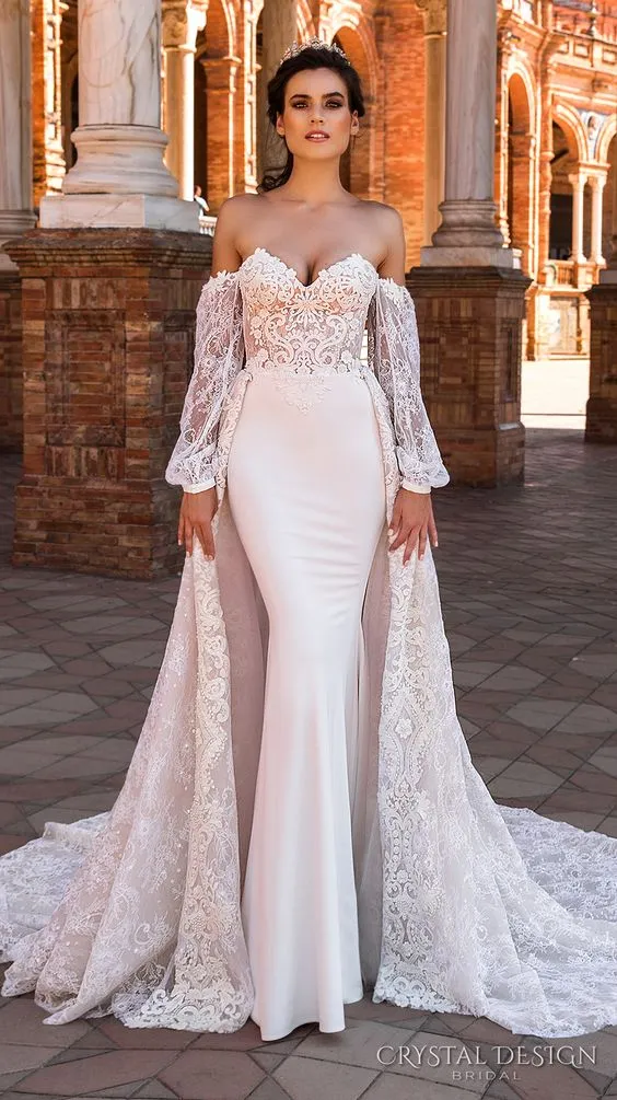 Vestidos de cristal de sereia de design com mangas compridas de mangas compridas para o tribunal de coração, apliques de noiva de renda para coração, vestidos de noiva de casamento