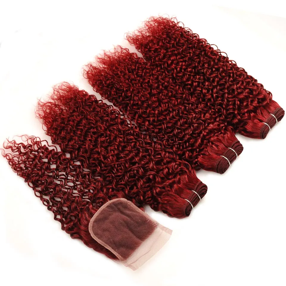 Kinky Curly Virgin Peruvian Burgundy Red Bundles de cheveux humains avec fermeture à lacet 4x4 Curly # 99J Vin Rouge Tissage de cheveux Doublw Trames avec fermeture