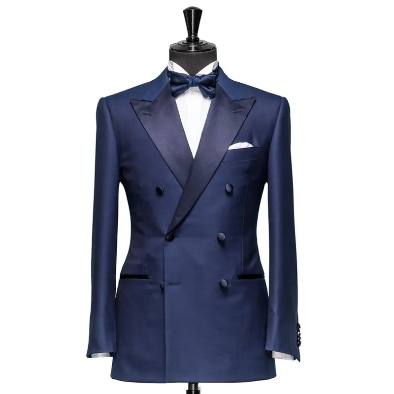 Peaked Lapel Navy Business Men Suits for Wedding 2018 Double Breasted Two Piece Custom Made Groom Tuxedos (Jacket + Pants)