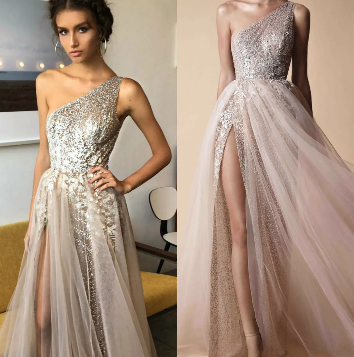 Sexig berta 2019 prom klänningar en axel en linje sequined afton klänning med pärlor golv längd främre delning fest klänning