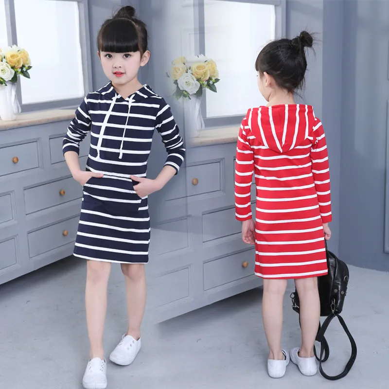 Girls Dress 2018 Newest Spring Autumn Hooded Long Sleeve Kids Dress Toddler Children Casual Clothing Striped Tutu Baby Fashion Dresses Girls