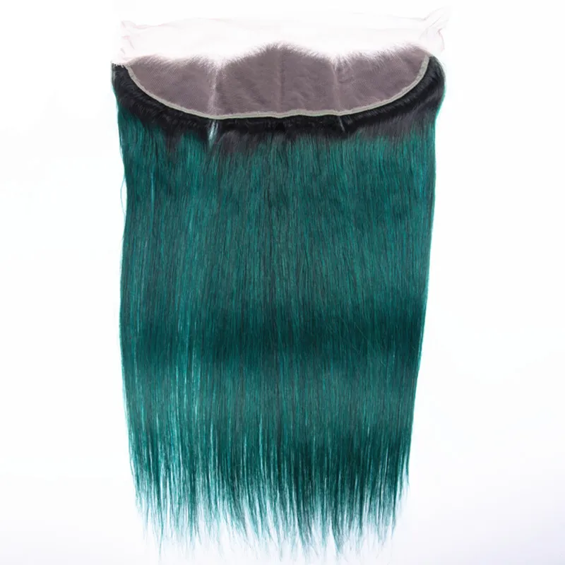 Raízes escuras Cabelo Liso Verde Com Laço Frontal Ombre Dois Tons 1B Cabelo Verde Escuro 3 Pacotes Com Ouvido Para Orelha Frontal