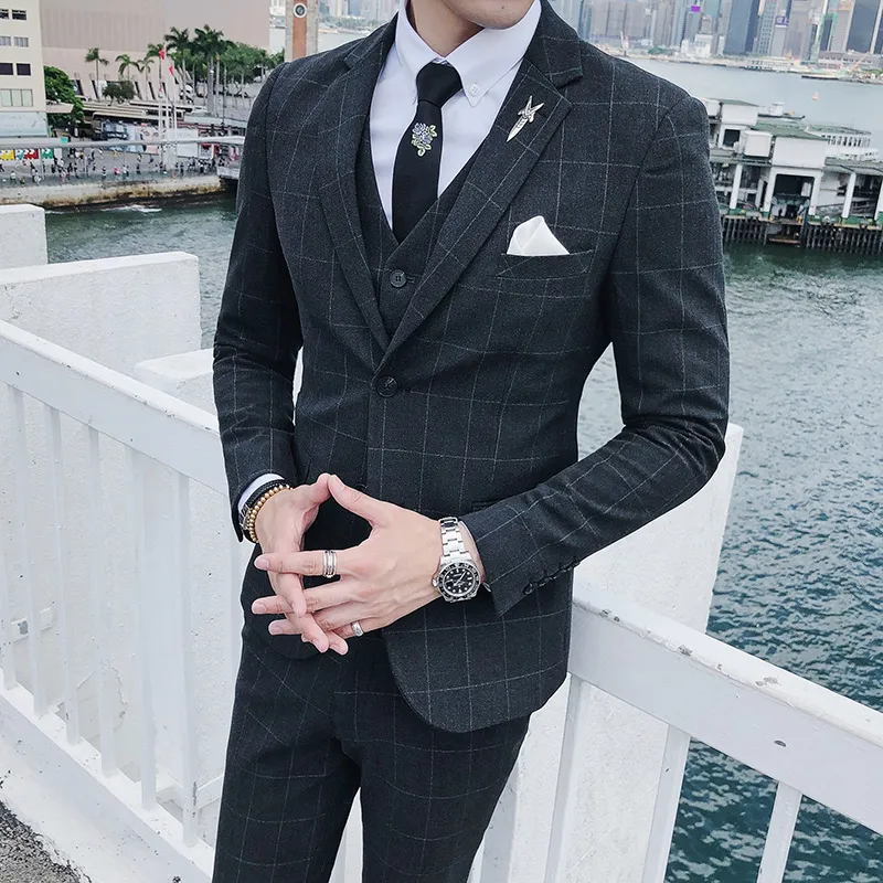 Blazers Mens Suits Designers 2018 British Style Suits Men Plaid Formal Trajes De Hombre Grey Business Terno Slim Fit Smoking Homme