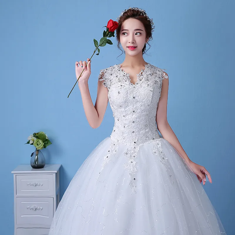 Cheap Customizable White Wedding Dress 2018 Korean Style Lace V Neck Vintage Bridal Gowns Discount Dresses vestido de noiva4497640