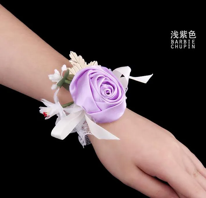 Billiga Bridesmaid Girl Wrist Corsage Rose Flower Organza Pärlor Blomma Hand Blommor Armband Corsage Bröllop Tillbehör Partihandel Brudblommor