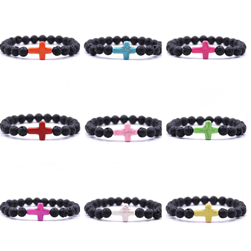 8mm Natural Lava Stone Strands Beads Cross Charm Bracelets For Women Men Bangle Fashion Elastic Jewelry