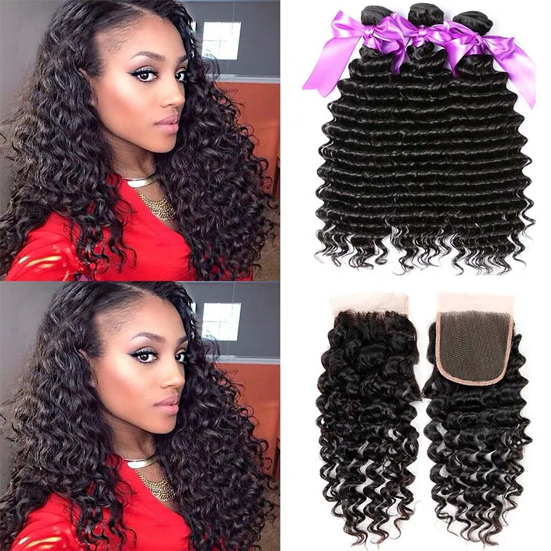 Brazilian Deep Wave Human Hair 3 Bundles with Closure Free Middle 3 Part Double Weft Virgin Human Hair Weave Extensions With Lace Closure