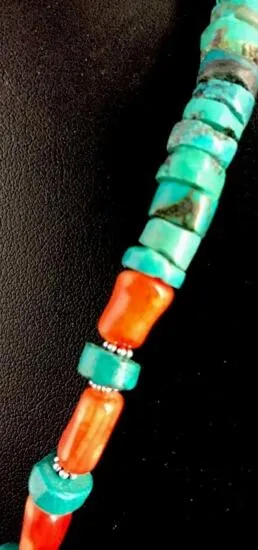 Nativo Turquesa Heishi Coral Sterling Silver Bead Colar Raro