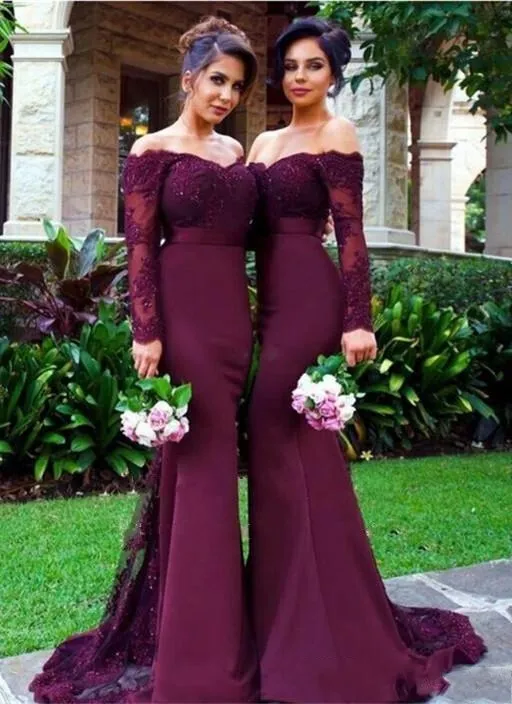 Burgundy Satin Mermaid Long Bunidesmaids Abites Off the Shoolle Appliques Abiti da festa Abiti da damigella d'onore a manica lunga Hy241