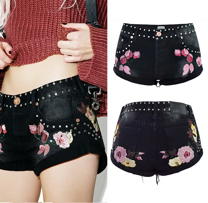 Black punk short quente feminino rebite remendos bordados em estilo floral bordado shorts jeans enrolados