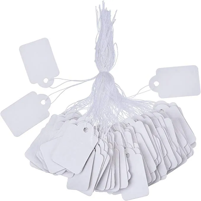 SF 100 stks / partij Blanco Wit Prijs Tags Papier Markering Tags Sieraden Kleding Prijs Labels Producten Display Tags met Opknoping String 1.2 * 2.5cm