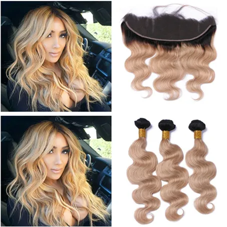 Dark Root 1B / 27 Honigblondes Ombre Reine Haarbündel mit 13x4 Spitze Frontal Body Wave 2Tone Ombre Indische Haarwebart mit Frontal