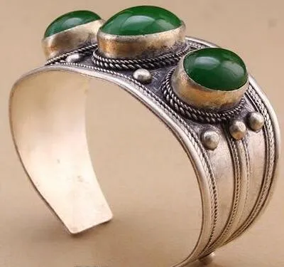 Unisex Vintage Oval Verde Jade Pedra Bead Cuff Bracelet Bangle Tibet Prata