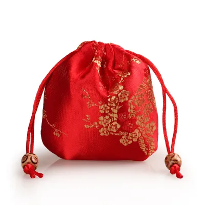 Mini kinesiska silke smycken påse satin blommig dragsko presentväska runt bottenförpackning väskor påsar / parti