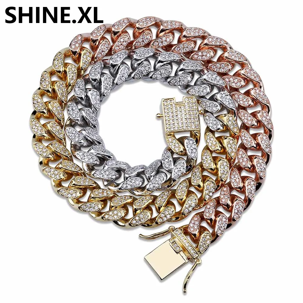 Hip Hop 12mm Tricolor Miami Cuban Link -Kette Halskette aus Full Zircon Men Rock Bling Cool Ncklace 18 "22".