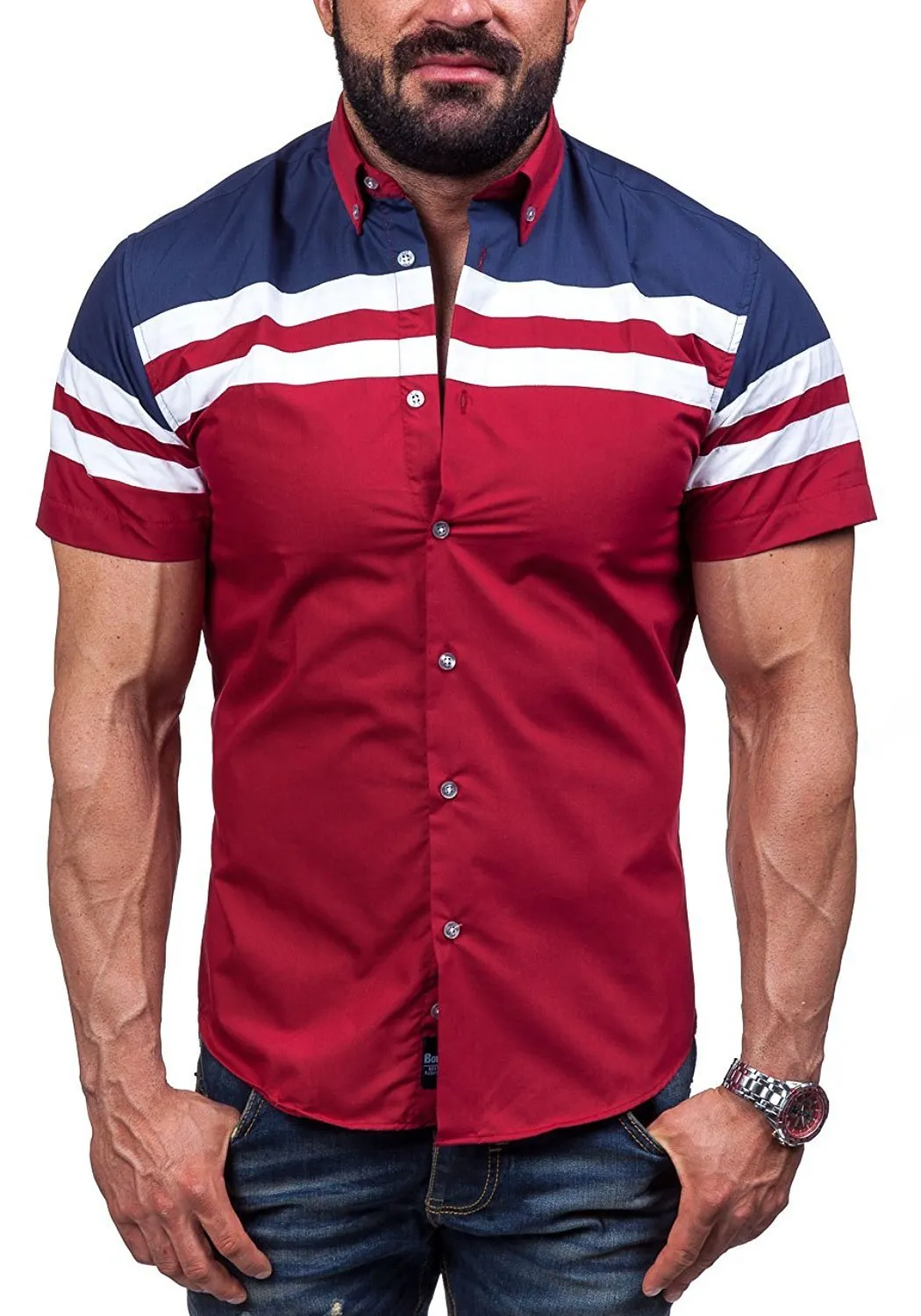 Summer Male American Style Shirts for Mens Fashion Casual Short Sleeved Shirts Wine Red Men Clothing M-4XL