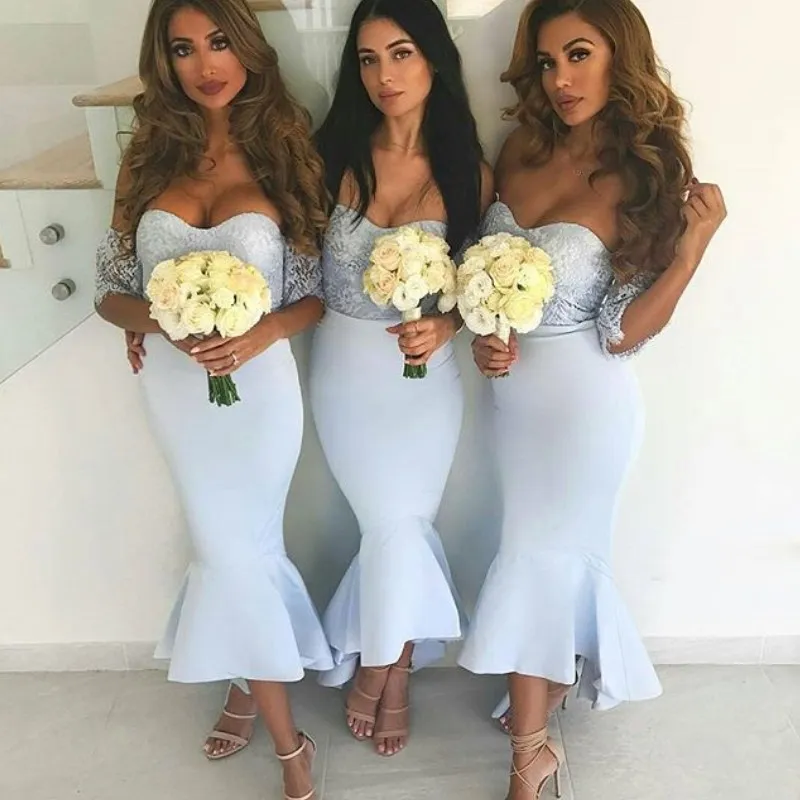 Dubai Stylish Mermaid Bridesmaid Dresses Off Shoulder Lace Short Sleeves Ankle Length Cocktail Dress Wedding Party Gown Sexy Short Prom Dres