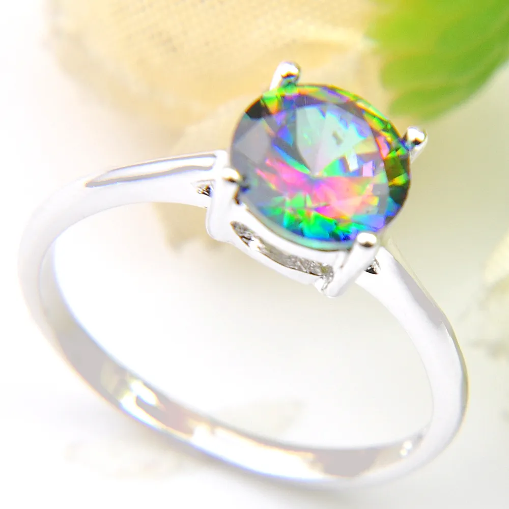 luckyshine clássico incrível fogo rodada arco-íris místico topázio cubic zirconia gemstone anel de prata tamanho 7 8 9 para festa de casamento do feriado