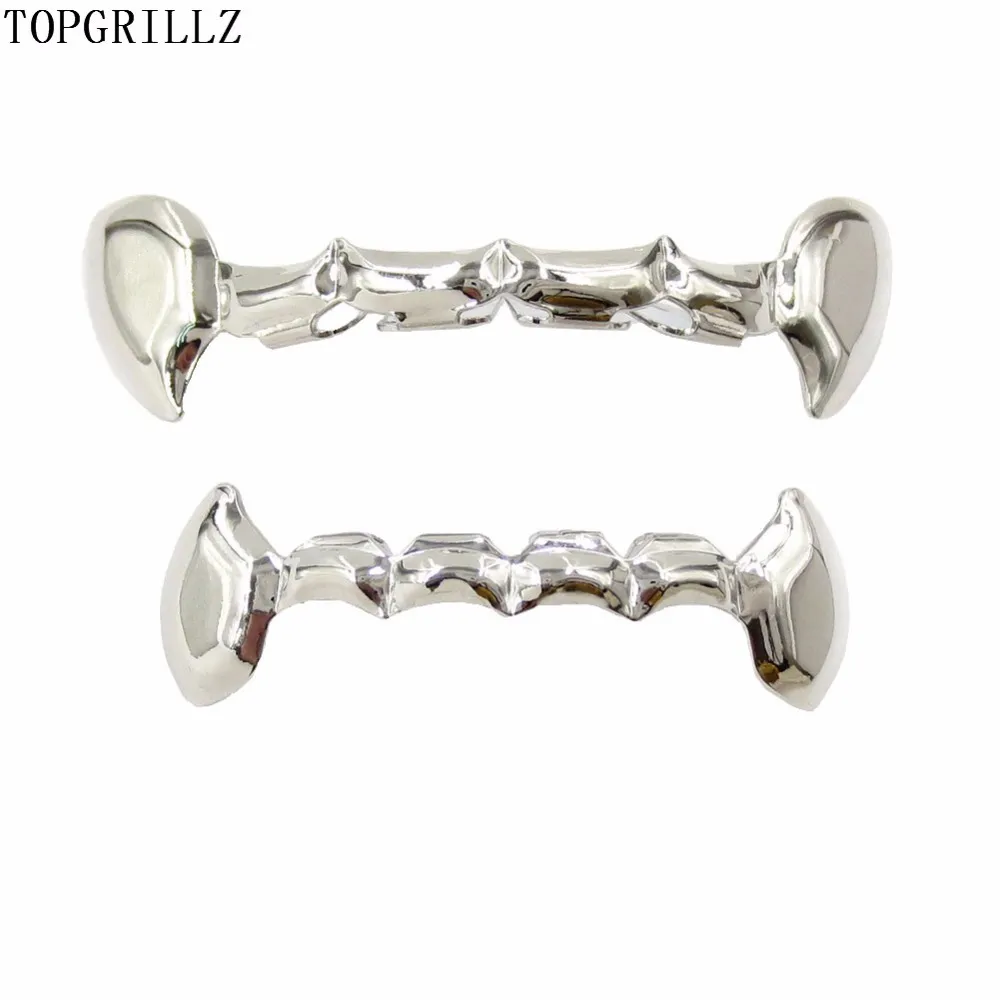 TOPGRILLZ Hip Hop Fangzähne Grillz Set Goldfarben plattiert Halbzähne Dracula Vampirzähne Slim Grills Gold Top Bottom Grillz Zähne Set