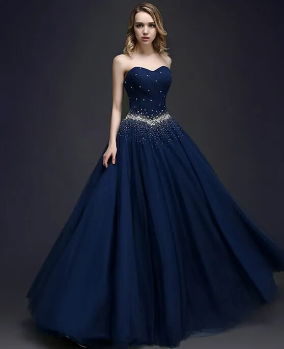 Dark Navy abito di sfera Abiti da sera Prom Dresses Sweetheart lungo Bantage Indietro promenade di sfera