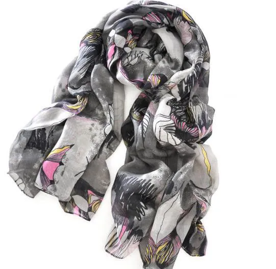 Hot Women's Floral Sjaal Bohemia Style Pashmina Flowers Print Foulard Sjaals Dame Neck Jurk Shawl Wraps Sarf Gray