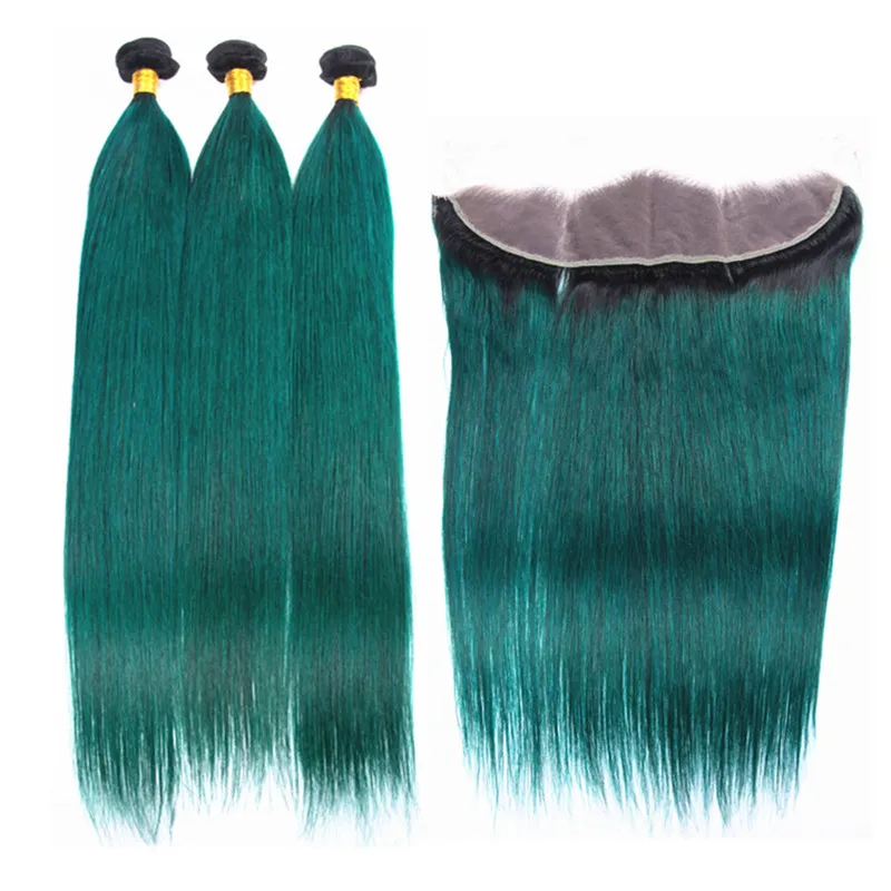 Raízes escuras Cabelo Liso Verde Com Laço Frontal Ombre Dois Tons 1B Cabelo Verde Escuro 3 Pacotes Com Ouvido Para Orelha Frontal