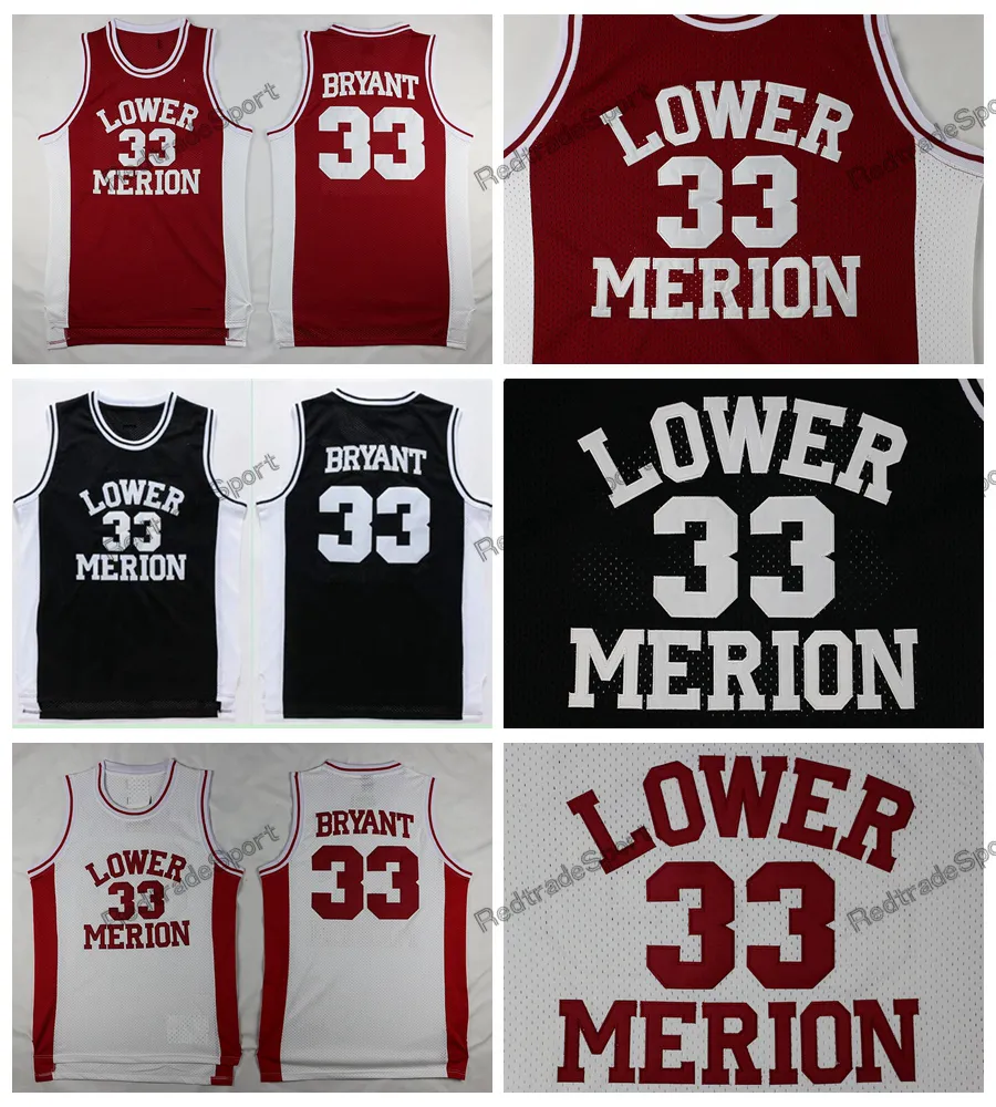 Mens Vintage 33 Bryant Lower Merion High School Basketbal Jerseys Rood Zwart Wit Gestikte Shirts S-XXL