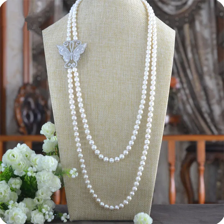 Vente chaude nouveau 2 rangées 7-8mm naturel blanc perle d'eau douce zircon accessoires papillon boucle fleur pendentif chandail collier bijoux de mode