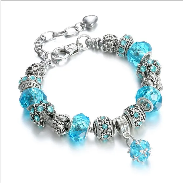 925 Sterling Silver Bead Charm Lake Blue Murano Glass Pärlor Crystal Fit European Pandora Charms Armband Säkerhetskedja Smycken DIY 18cm + 3cm