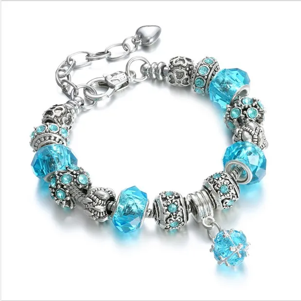 925 Sterling Silver Bead Charm Lake Blue Murano Koraliki Kryształowe Fit Europejskiej Pandora Charms Bransoletki Bezpieczeństwo Łańcuch Biżuteria DIY 18cm + 3cm