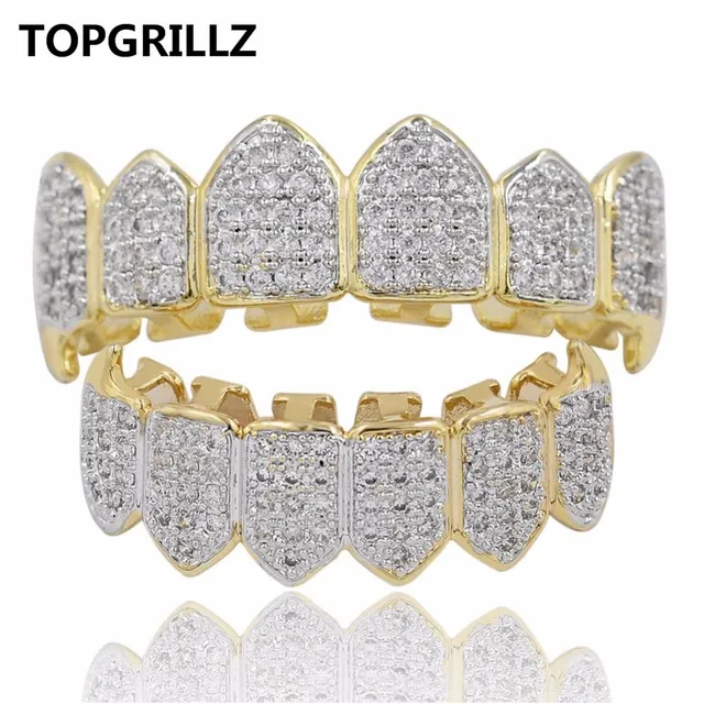 TOPGRILLZ GRILLZ Hip Hop Congelado Out Zircão Fang Boca Dentes Grillz Caps Top Bottom Grill Set Homens Mulheres Grelhadores Vampiros