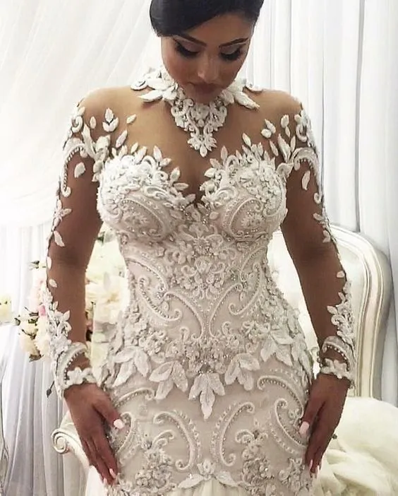 Mermaid Wedding Dresses 2019 Dubai High-Neck Bridal Gowns Sheer Long Sleeves Beaded Lace Applique Wedding Gown Tulle Long Bridal Dress Chic