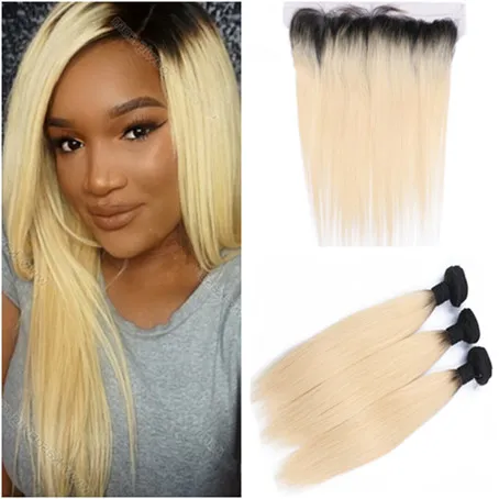 Virgin Peruvian Blonde Ombre Human Hair Bundles Deals 3Pcs with Full Frontals Dark Rooted Ombre Blonde Hair Weaves with Lace Frontal 13x4
