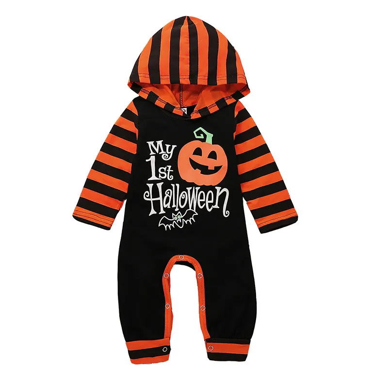 Halloween Costume Baby girls boys Pumpkin letter print romper children stripe Long sleeve Hooded Jumpsuits Autumn kids Climbing clothesC5178