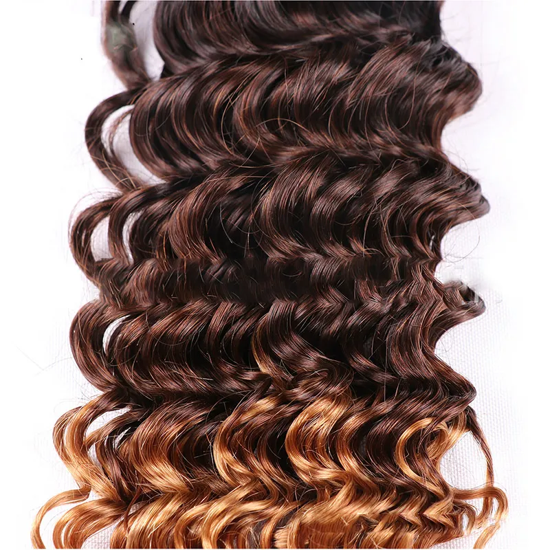 Olada profunda Cabello humano Ombre Weave 3 Bundles con 44 Cierre de encaje 1B427 Extensión de cabello rubio de miel marrón oscuro de tres tonos3370994