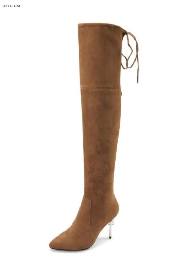 2018 nya damer Point Toe Lång stövlar Elastisk tyg Lår Hög Stövlar Zip Up Metal Heel Women Booties Over Knee High Mujer Botas