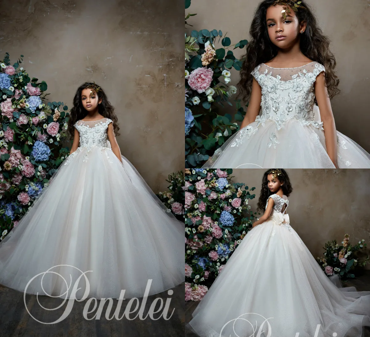 Pentelei 2019 Ball Gown Flower Girl Dresses For Weddings Jewel Neck 3D Floral Applqiues Lace Girls Pageant Dress With Bow Appliques Beaded