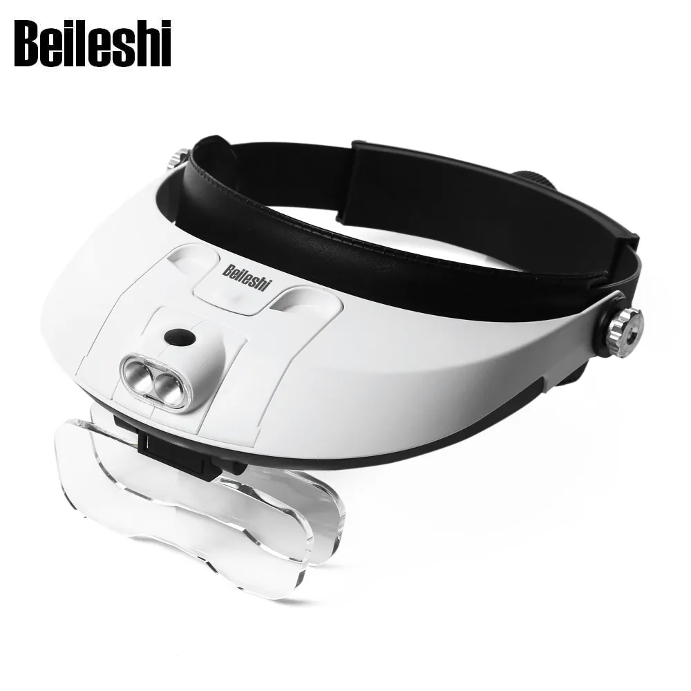 Beileshi 81001 - G Loupe éclairée à bandeau amovible à 2 LED avec 5 lentilles remplaçables Textes et images clairs et non déformés.