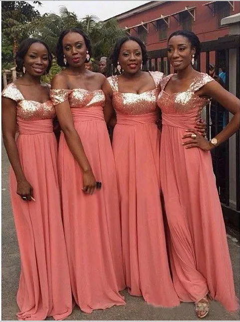 Glittering Coral Sequined Bridesmaid Dresses Cheap Long 2022 Chiffon Empire Beach Off the shoulder With Sleeves Party prom Evening Dress